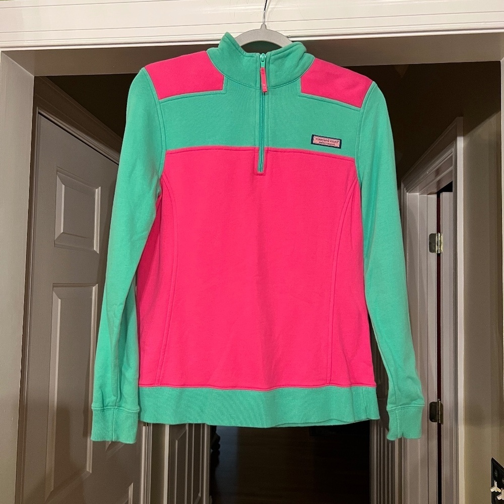 GUC Women's Vineyard Vines Pink Green Mock Neck Quarter Zip Pullover Shirt SMALL
